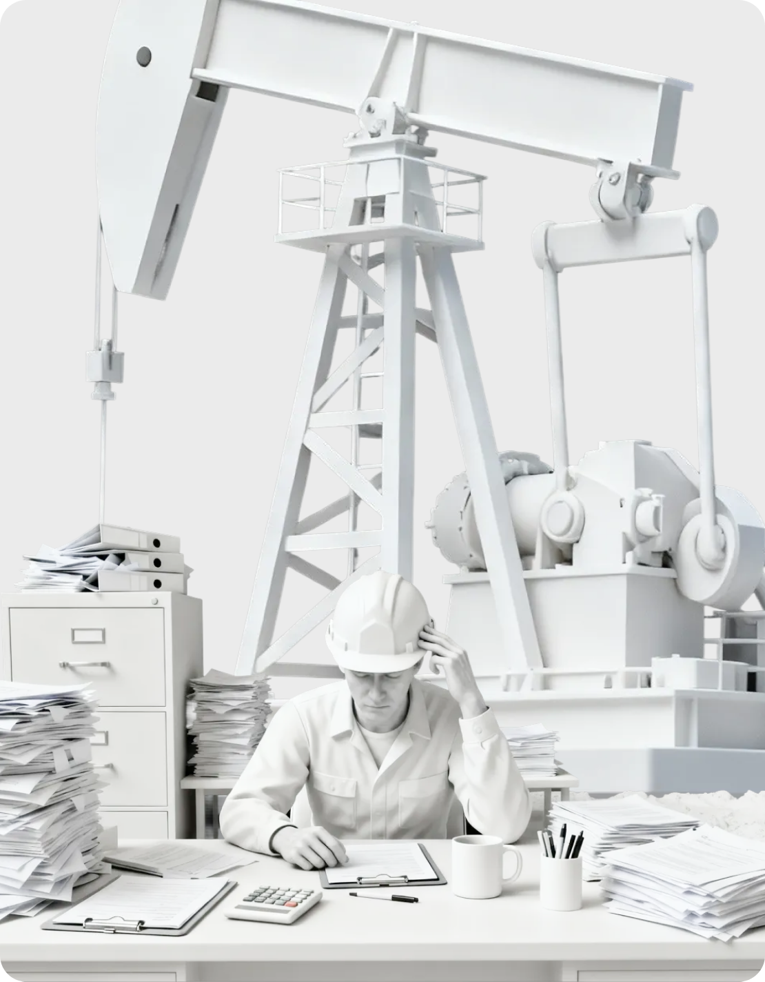 Engineer in a hard hat sitting at a desk cluttered with stacks of paperwork, papers, and a calculator, with an oil pump jack in the background.