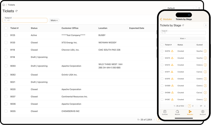 Screenshot of a ticket management system showing a desktop view with ticket details including ticket number, status, customer office, location, and expected date, alongside a mobile view displaying tickets by stage with status and customer information.