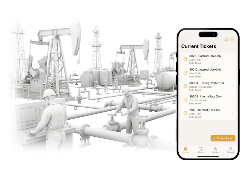 Industrial oil extraction site with workers in hard hats operating control panels, valves, and reviewing documents among pumpjacks and pipelines.