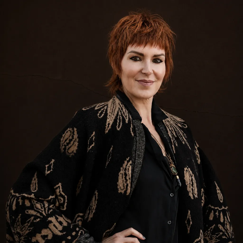 Smiling woman with short red hair wearing a black patterned cardigan and black blouse with necklace.