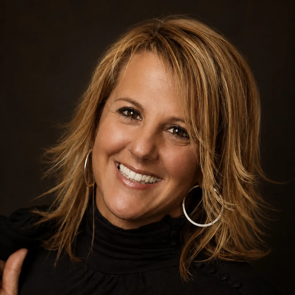 Smiling woman with shoulder-length blonde hair and hoop earrings against a dark background.