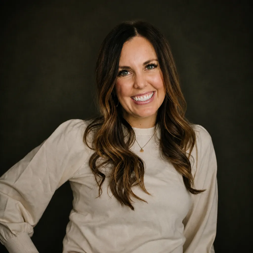 Smiling woman with long wavy brown hair wearing a light beige long-sleeve shirt and a small gold necklace against a dark background.