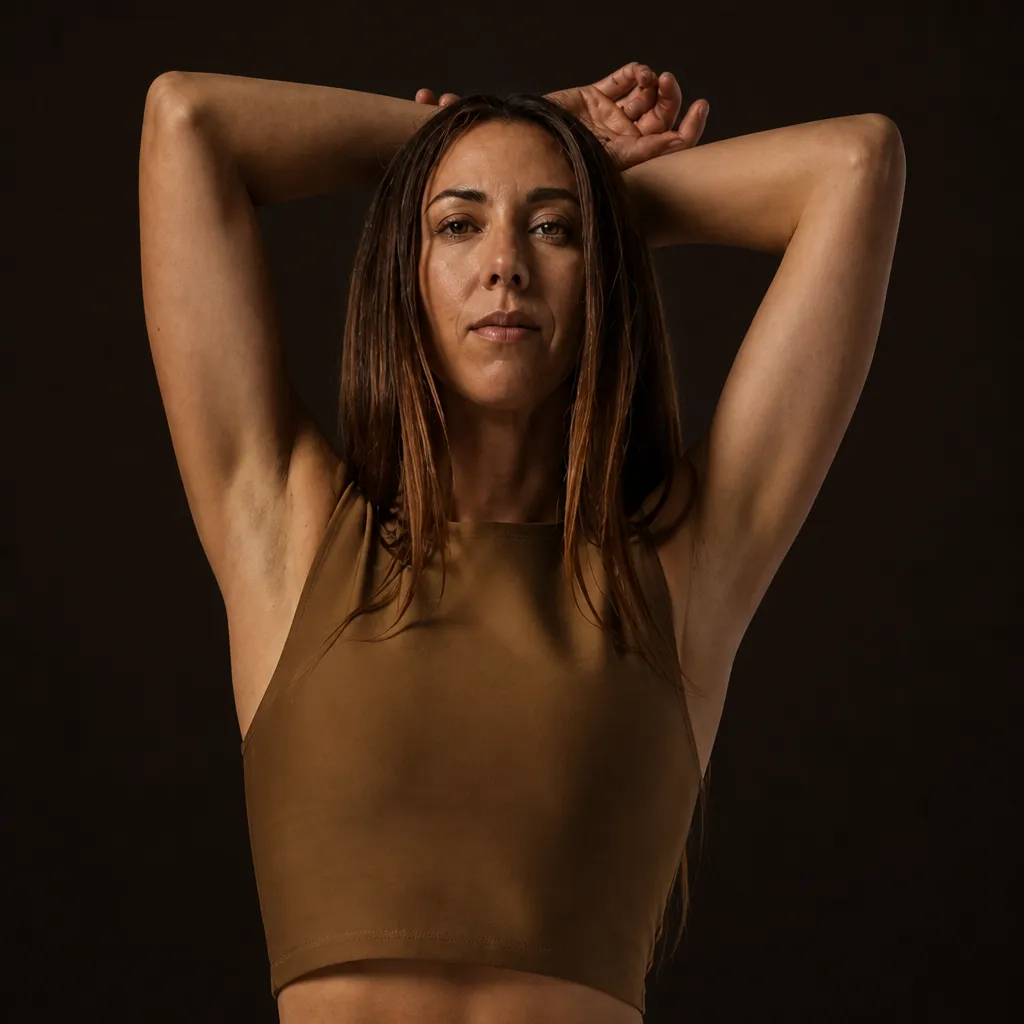 Woman with long brown hair wearing a sleeveless brown crop top posing with both arms raised and hands clasped behind her head against a dark background.