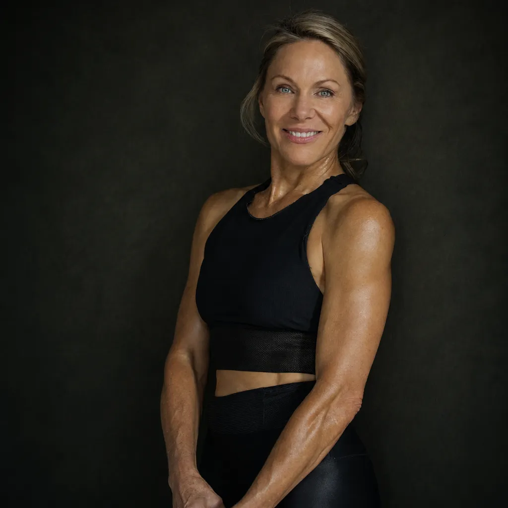 Fit woman with toned arms wearing a black sleeveless top, smiling against a dark background.