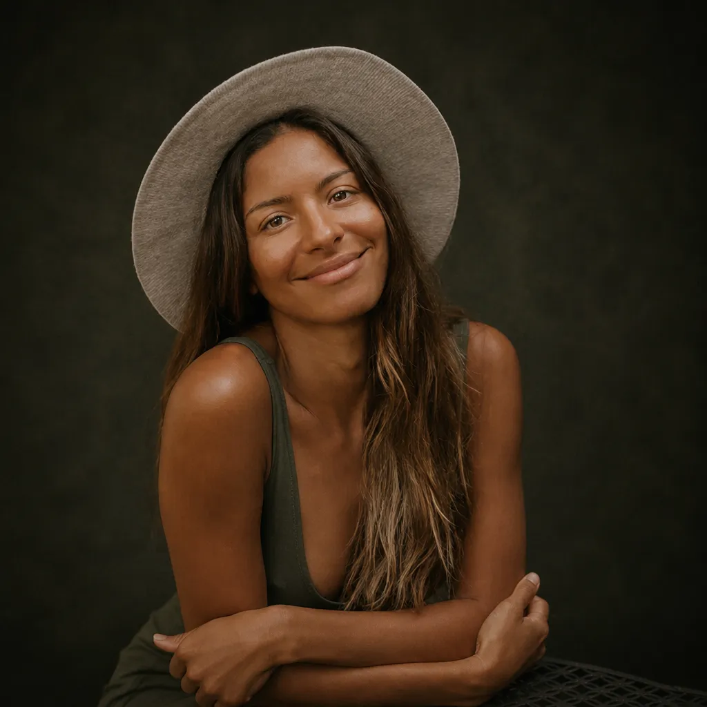 Smiling woman with long hair wearing a gray hat and sleeveless dark top against a dark background, arms crossed and relaxed.