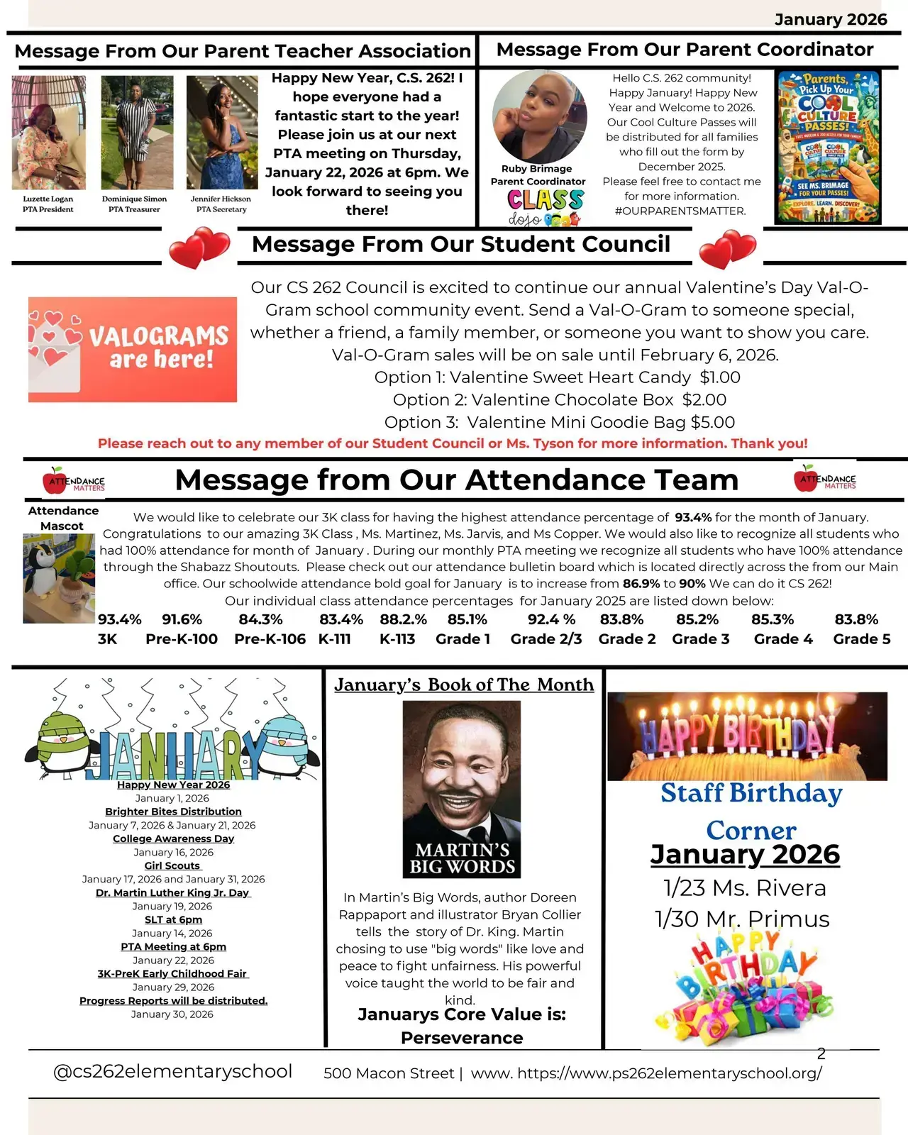 January 2026 school newsletter featuring PTA, attendance, and event updates