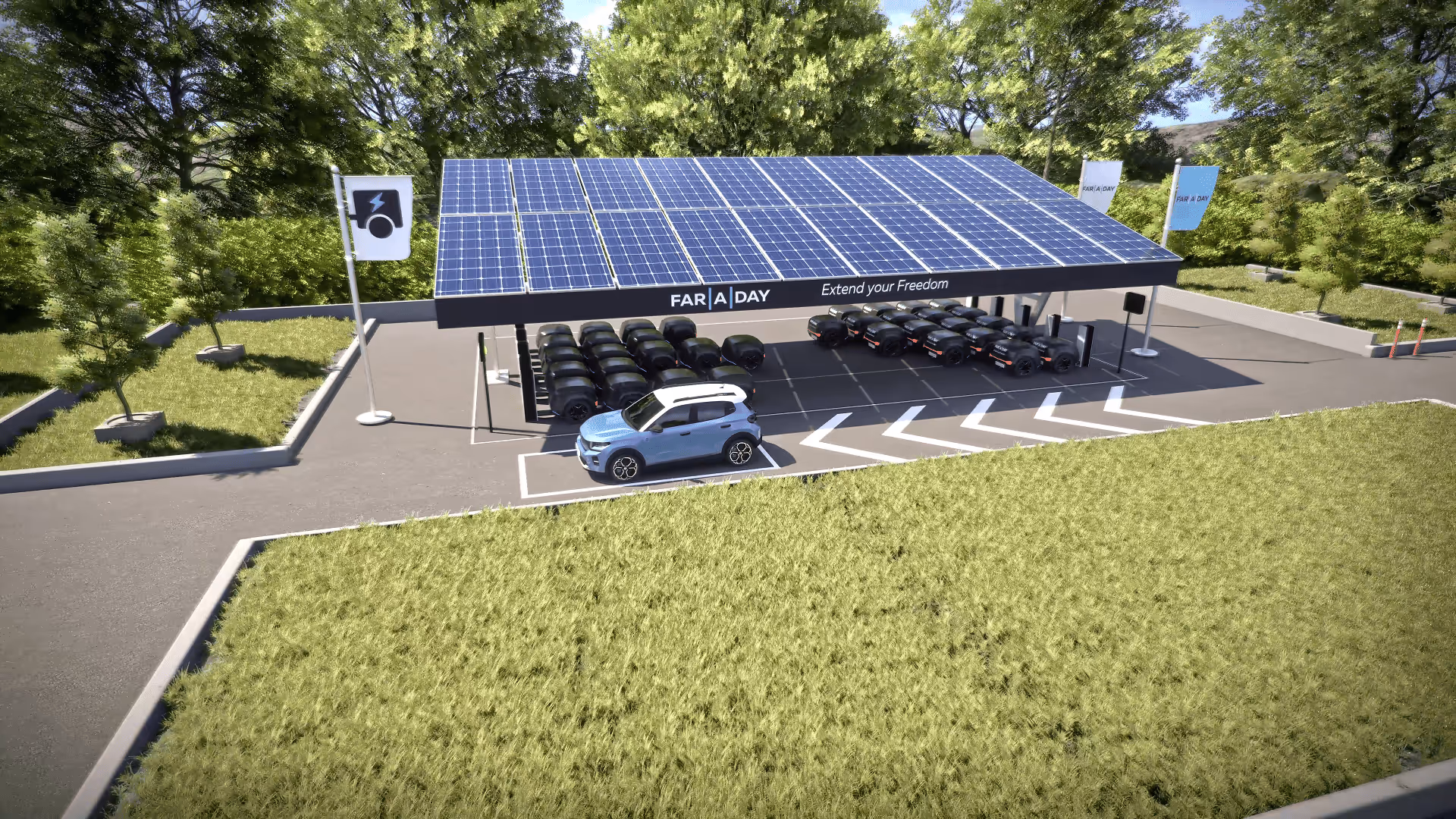 Station de recharge solaire pour voitures électriques avec plusieurs véhicules noirs et une voiture bleue garée, entourée d'arbres verts.