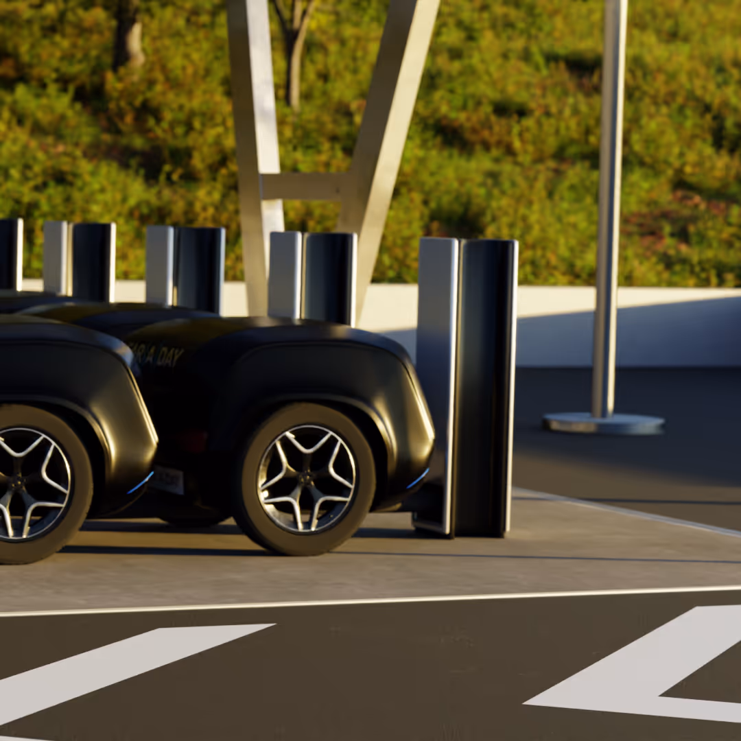 Deux véhicules électriques noirs stationnés et en train de charger au soleil près d'un mur avec un fond d'arbres verts.