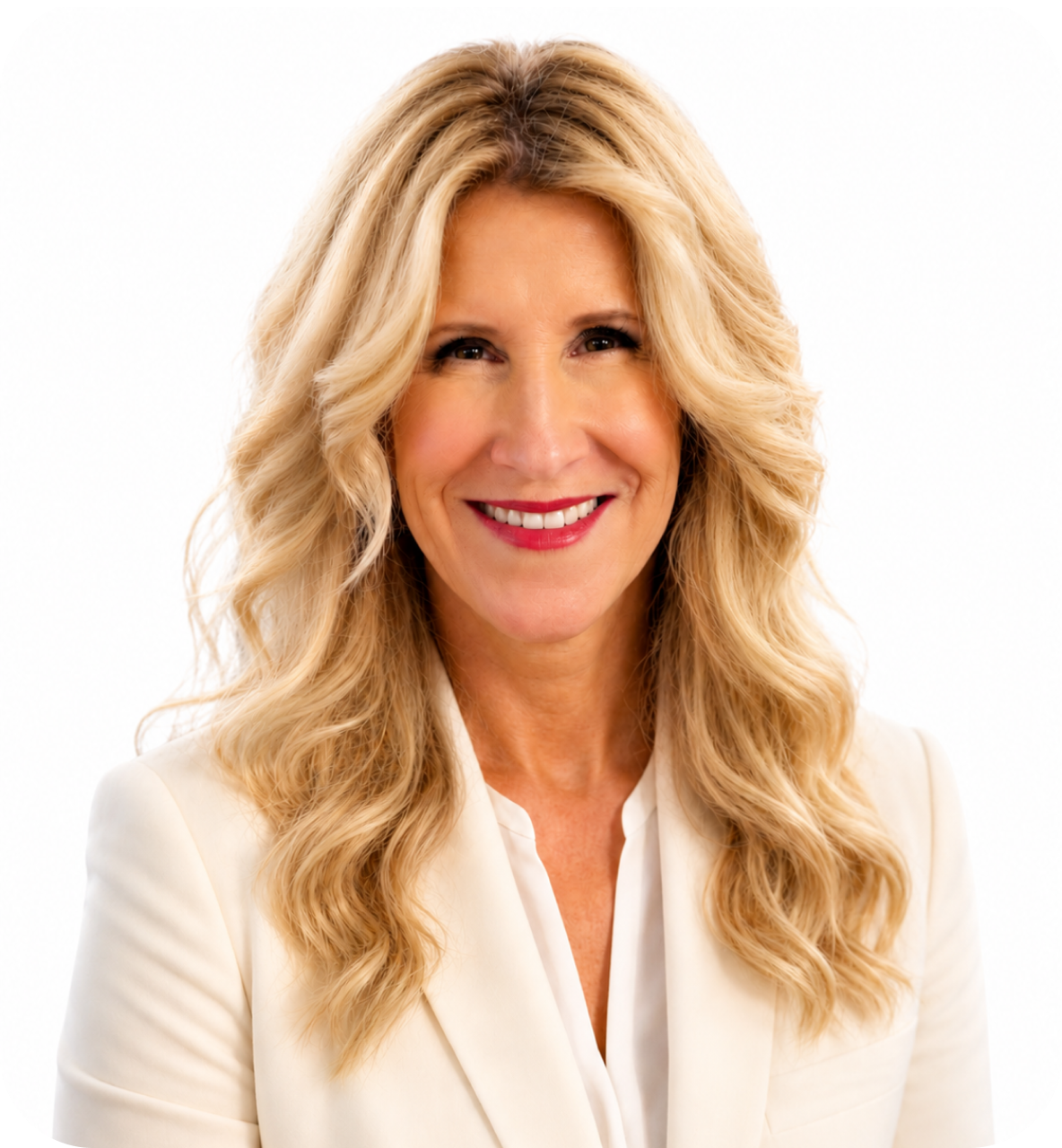 Smiling woman with long wavy blonde hair wearing a white blazer and blouse on white background.