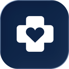 White medical cross icon with a heart inside on a dark blue rounded square background.