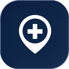 White map pointer pin icon with a plus sign inside on a dark blue rounded square background.