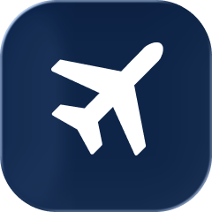 White airplane icon on a dark blue rounded square background.
