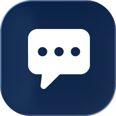 White speech bubble icon with dots on a dark blue rounded square background.