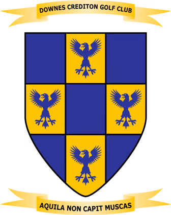 Shield with blue and yellow checkered pattern featuring five blue eagles, with yellow banners above and below reading 'DOWNES CREDITON GOLF CLUB' and 'AQUILA NON CAPIT MUSCAS'.
