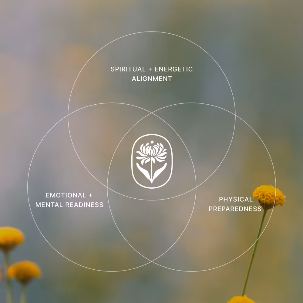 Venn diagram with three overlapping circles labeled Spiritual + Energetic Alignment, Emotional + Mental Readiness, and Physical Preparedness surrounding a central flower icon.