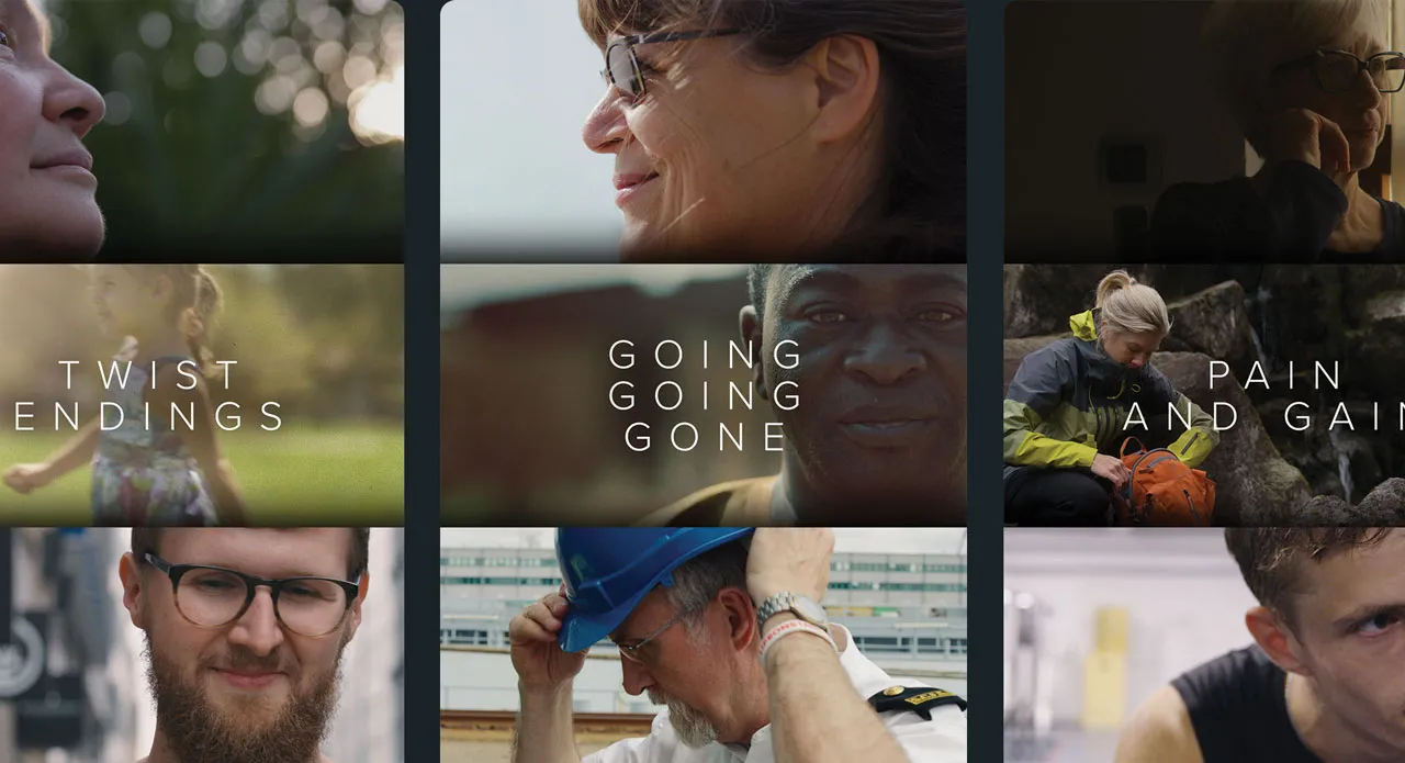Night of Stories film thumbnails, showing pictures of people featured in the films
