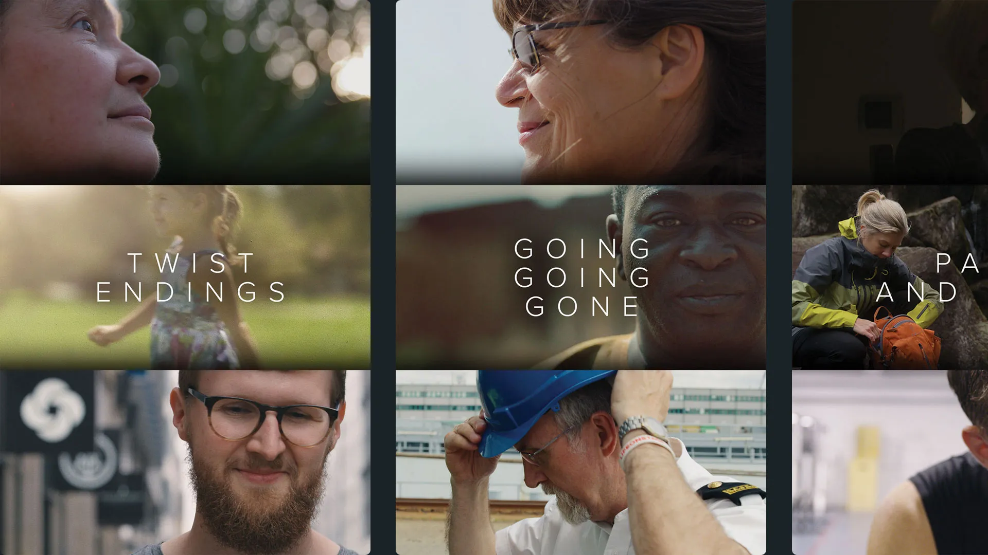 Collage of diverse people with texts: Twist Endings, Going Going Gone, and partial words on outdoors and work scenes.