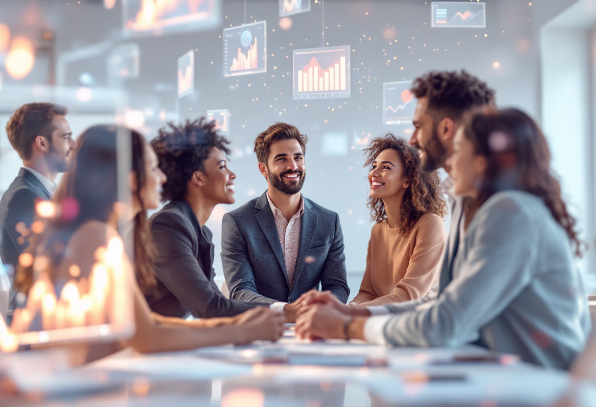 image of busy office with team collaborating (for a fintech company)