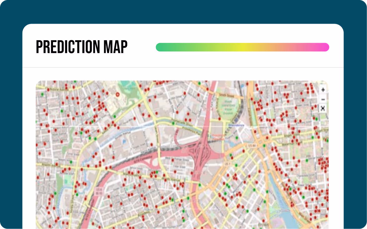 Urban street map labeled Prediction Map with numerous red and green dots scattered across roads and buildings.