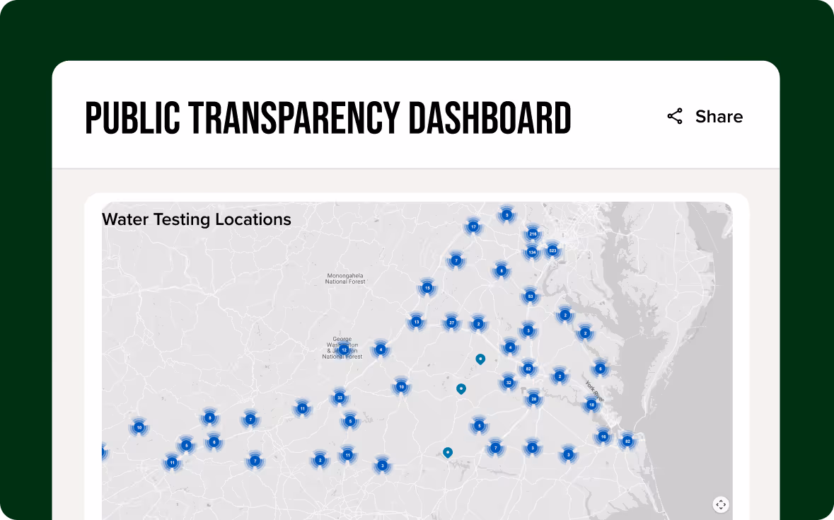 Public Transparency Dashboard showing a map with clustered markers indicating water testing locations across a region including Monongahela and George Washington National Forests.