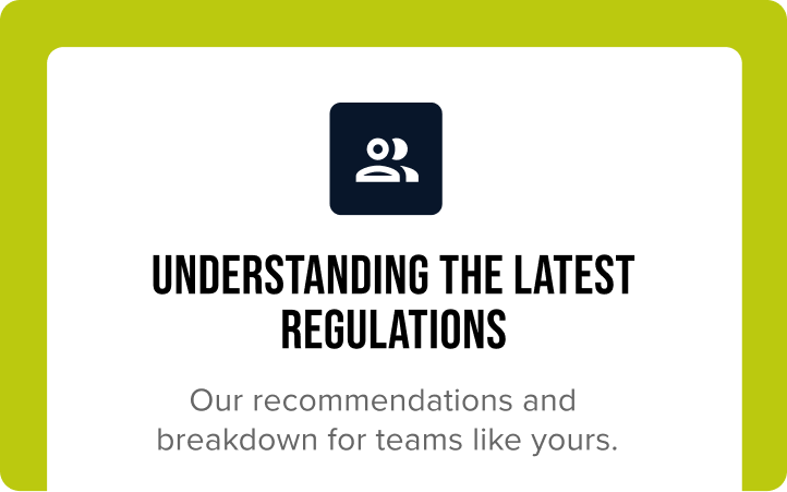 Icon of two people above text reading 'Understanding the latest regulations' with a subtitle about team recommendations and breakdown.