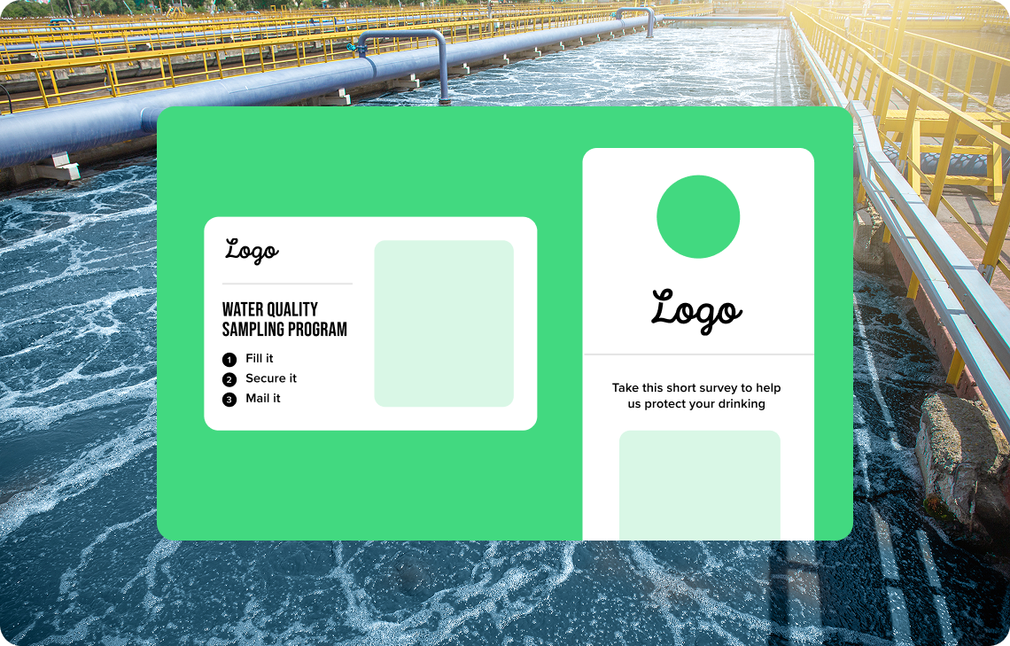Graphic showing two water quality sampling program cards with instructions and survey prompt over a water treatment facility background.