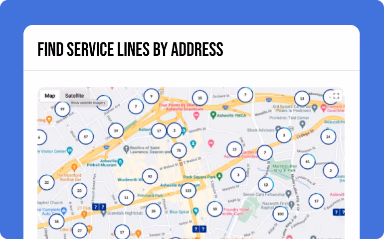 Map with numbered blue circles highlighting service lines by address in Asheville downtown area.