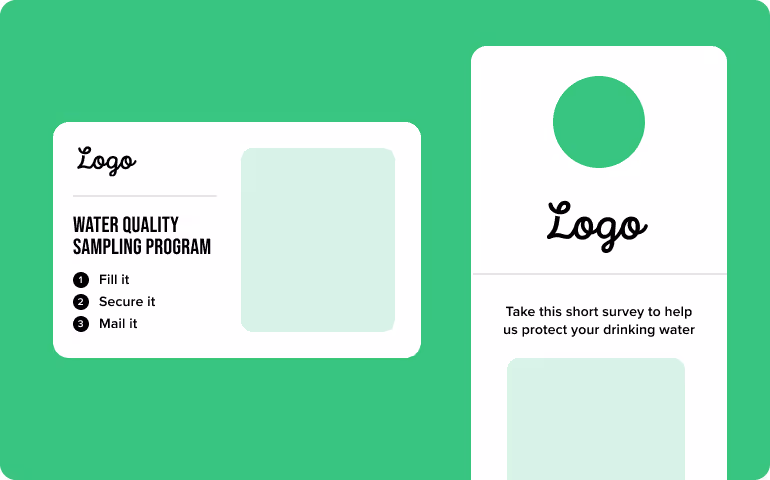 Two water quality program cards with a white background on green; one card has a checklist with fill, secure, and mail steps; the other card is a door hanger with a survey request.