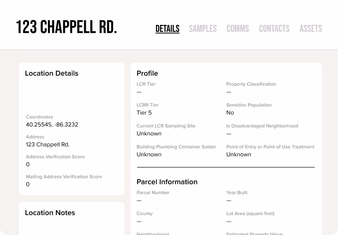 Webpage section showing details for 123 Chappell Rd including location coordinates, address verification scores, profile with LCRR Tier 5, sensitive population as No, unknown current sampling site and building plumbing container solder, and placeholder parcel information.
