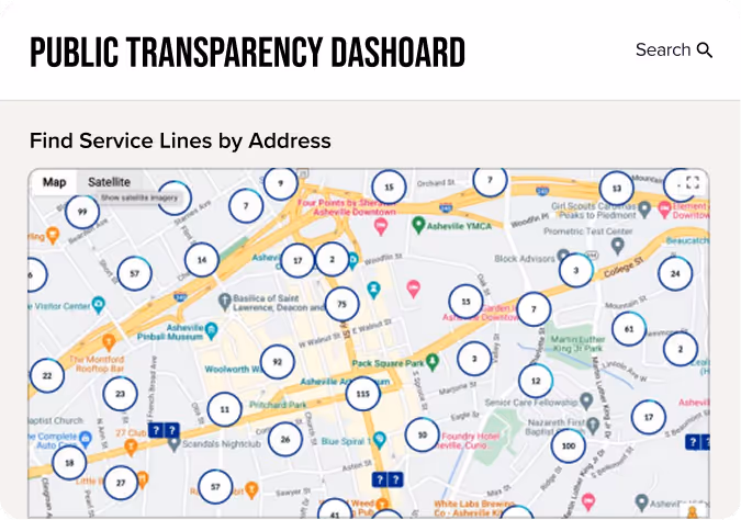Digital map titled 'Public Transparency Dashboard' showing numbered circles indicating service lines across Asheville, including landmarks like Asheville YMCA and Pack Square Park.