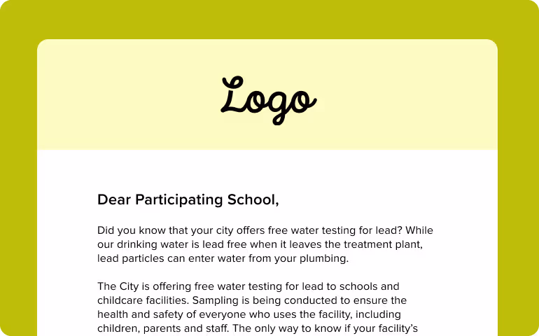 Partial letter with a logo placeholder at the top and text addressing a participating school about free water testing for lead in city drinking water and plumbing.