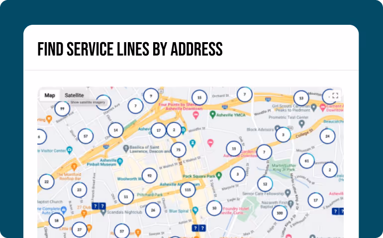 Map interface titled 'Find Service Lines by Address' showing numbered location markers in blue circles across a city map.