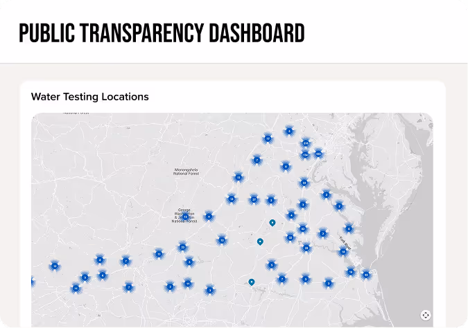 Map titled 'Public Transparency Dashboard' showing water testing locations marked with blue and teal icons across a region including parts of Virginia and surrounding areas.
