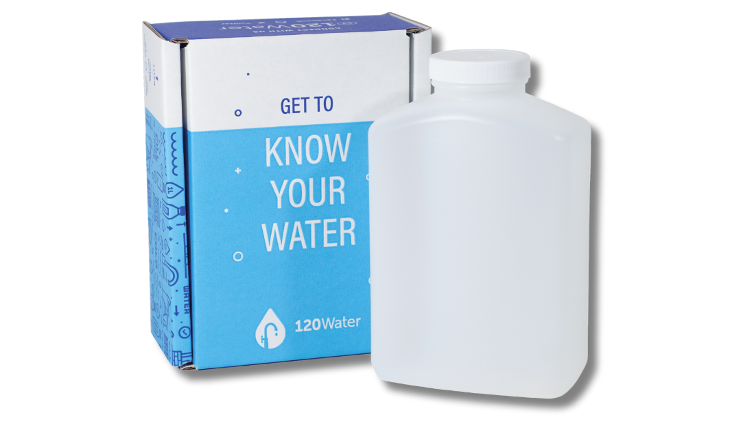 Water testing kit with a blue and white box labeled 'Get to know your water' and a clear plastic collection bottle with a white cap.