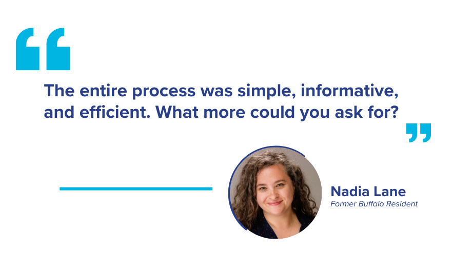 Testimonial featuring a smiling woman with curly hair, Nadia Lane, stating, 'The entire process was simple, informative, and efficient. What more could you ask for?'