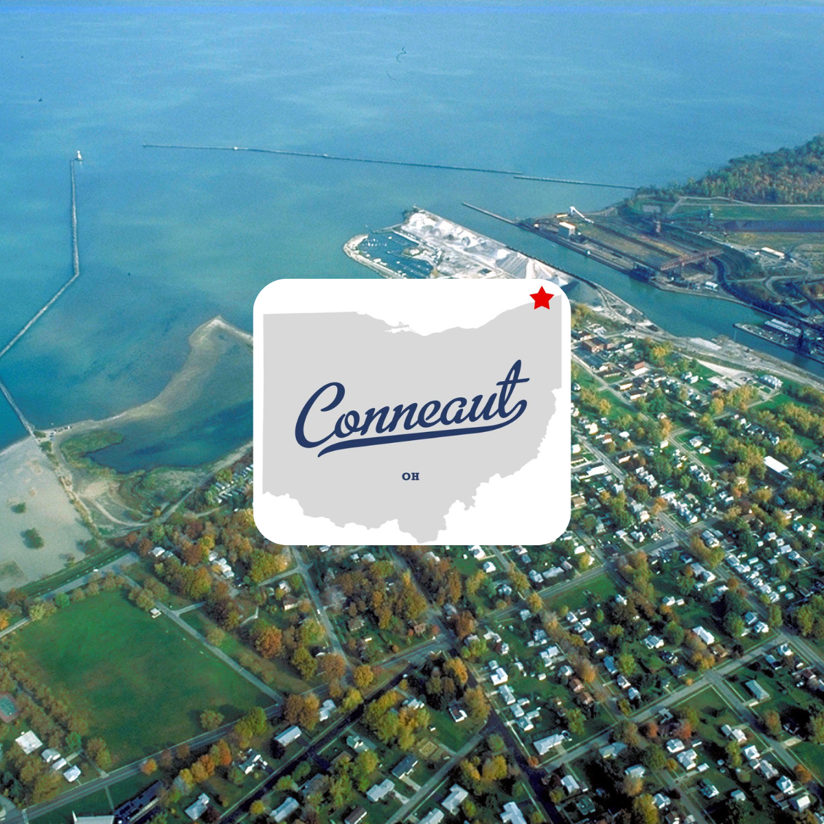 Aerial view of Conneaut, Ohio, showing residential area near the shoreline, with an overlay map of Ohio highlighting Conneaut in the northeastern corner.