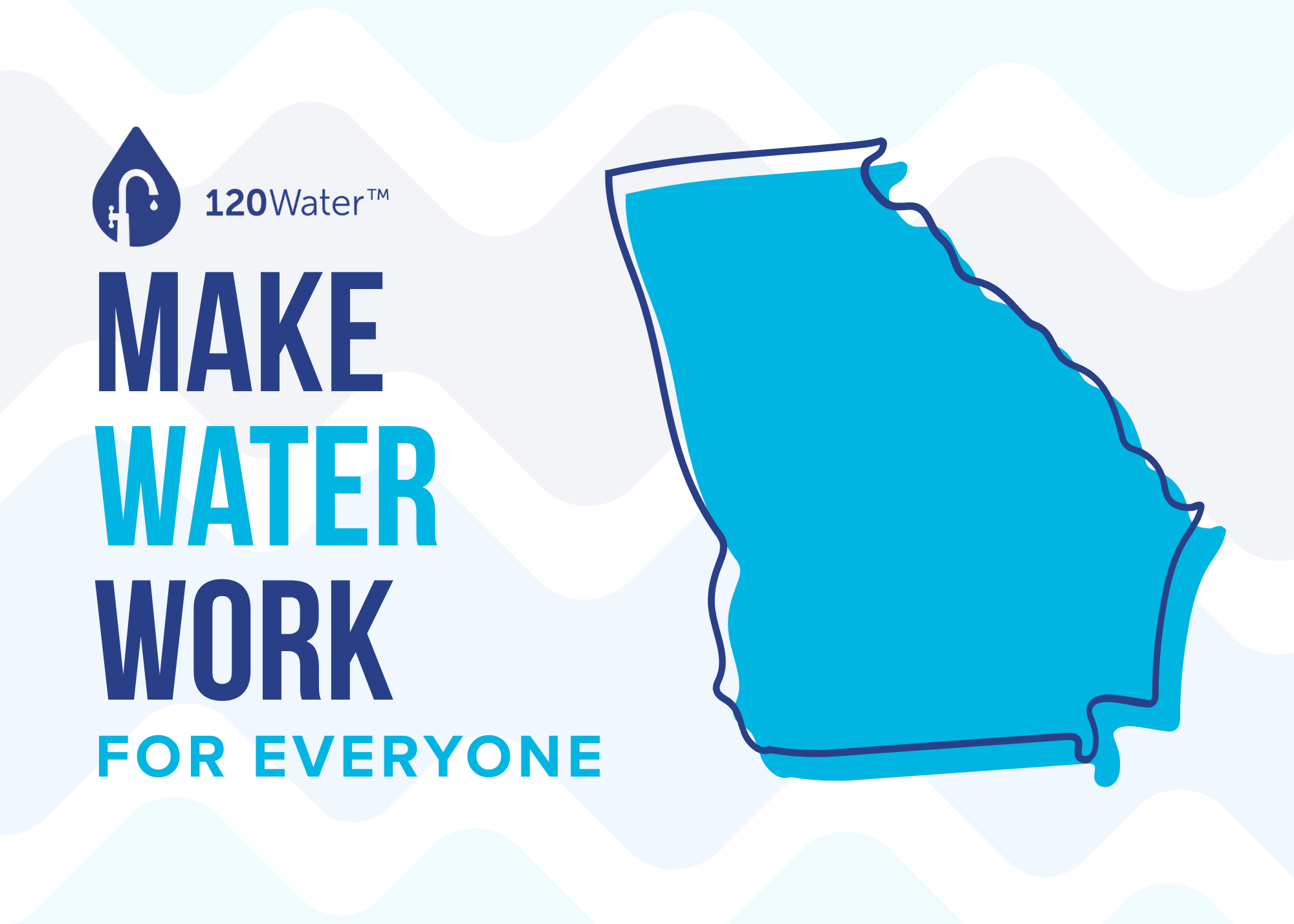 Stylized blue map outline of Georgia with the text 'MAKE WATER WORK FOR EVERYONE' and 120Water logo.