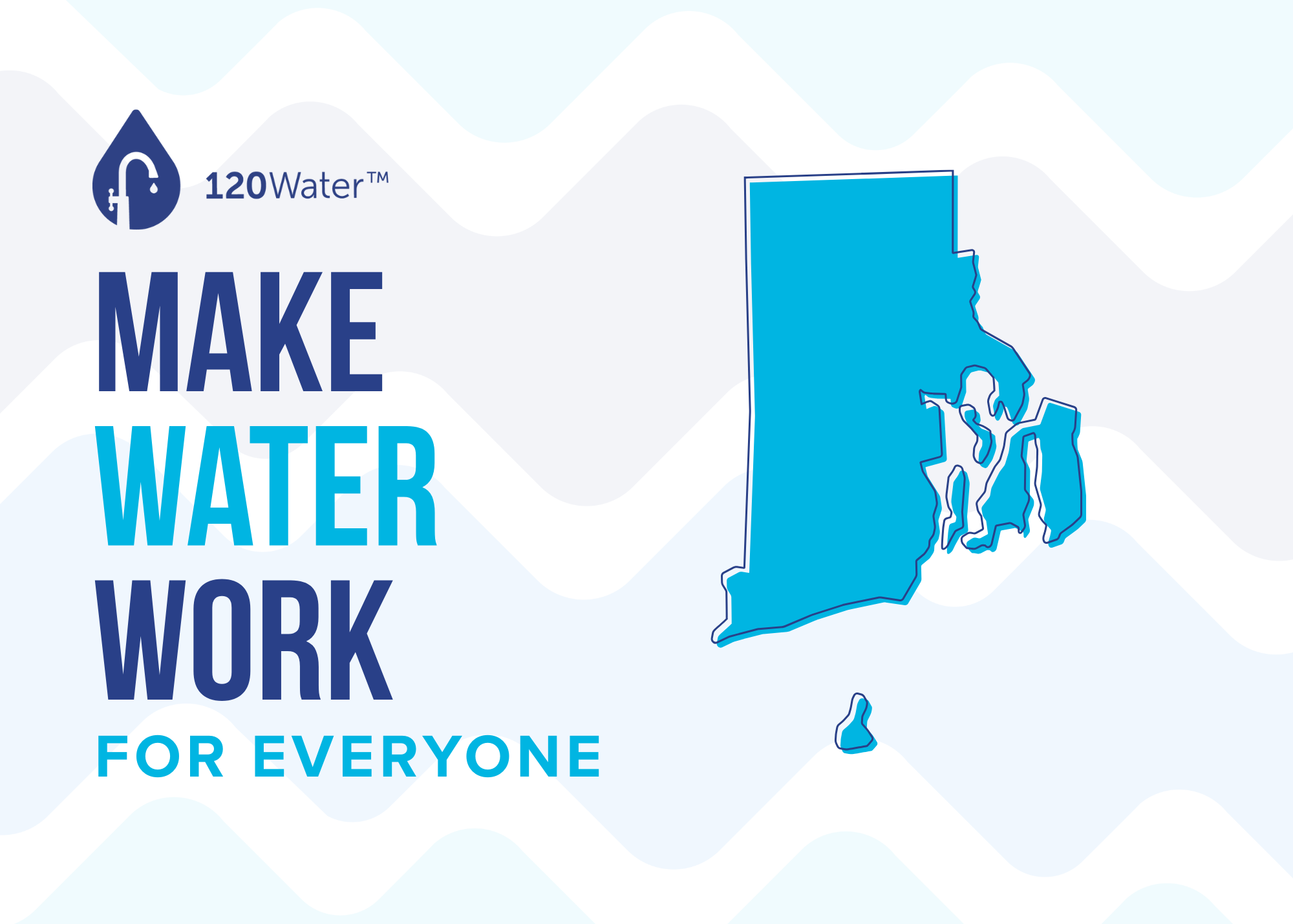 Blue map outline of Rhode Island next to text reading 'Make Water Work for Everyone' with 120Water logo at top left.