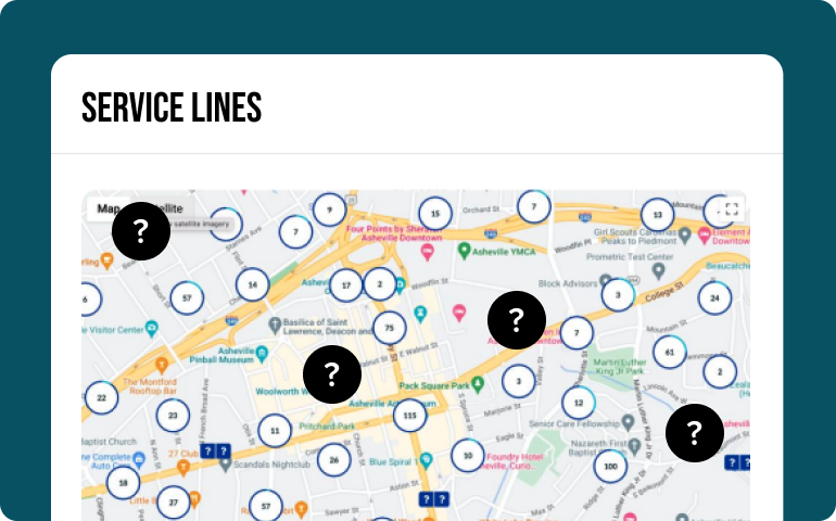 Map section labeled 'Service Lines' showing various numbered service line markers in blue circles and five black circles with question marks indicating unknown or missing data points.