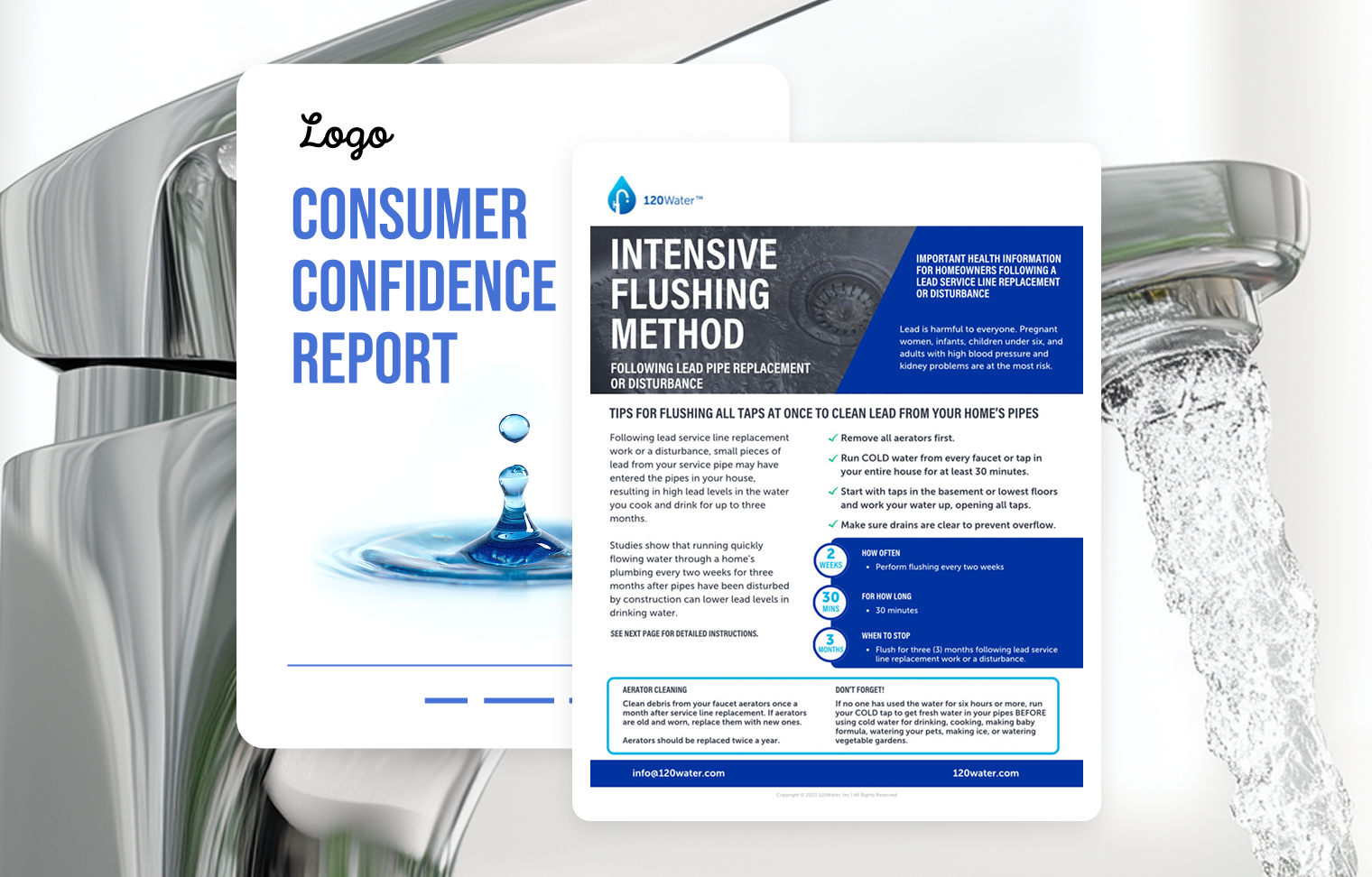 Consumer Confidence Report cover with water droplet graphic and insert detailing intensive flushing method and safety tips for lead pipe replacement flushing.