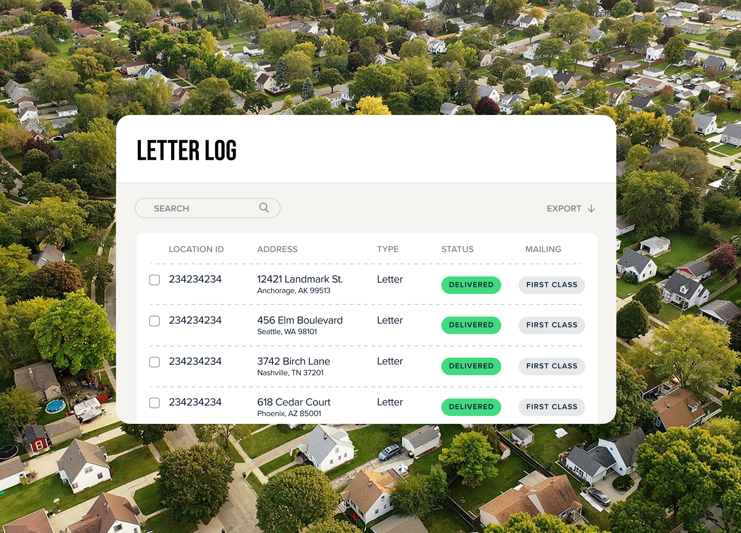 User interface of a Letter Log showing four delivered letters with location IDs, addresses in Anchorage, Seattle, Nashville, and Phoenix, and mailing type as first class.
