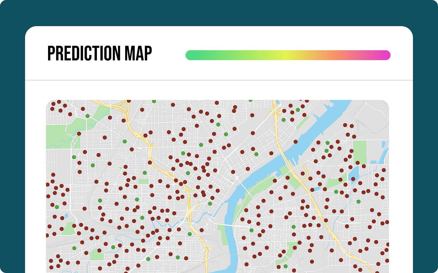 Urban prediction map showing a city grid with streets, highways, and scattered red and green dots indicating data points.