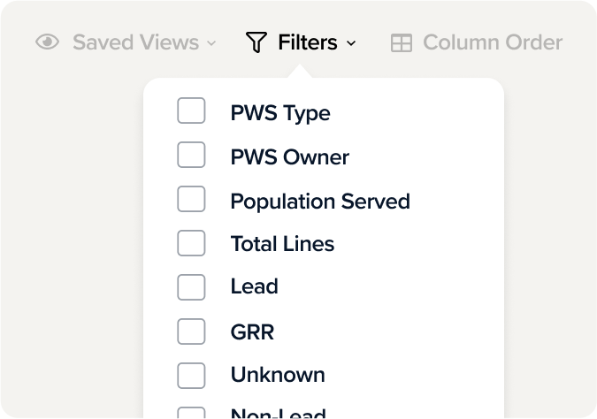 Dropdown filter menu with checkboxes for PWS Type, PWS Owner, Population Served, Total Lines, Lead, GRR, Unknown, and Non-Lead options.