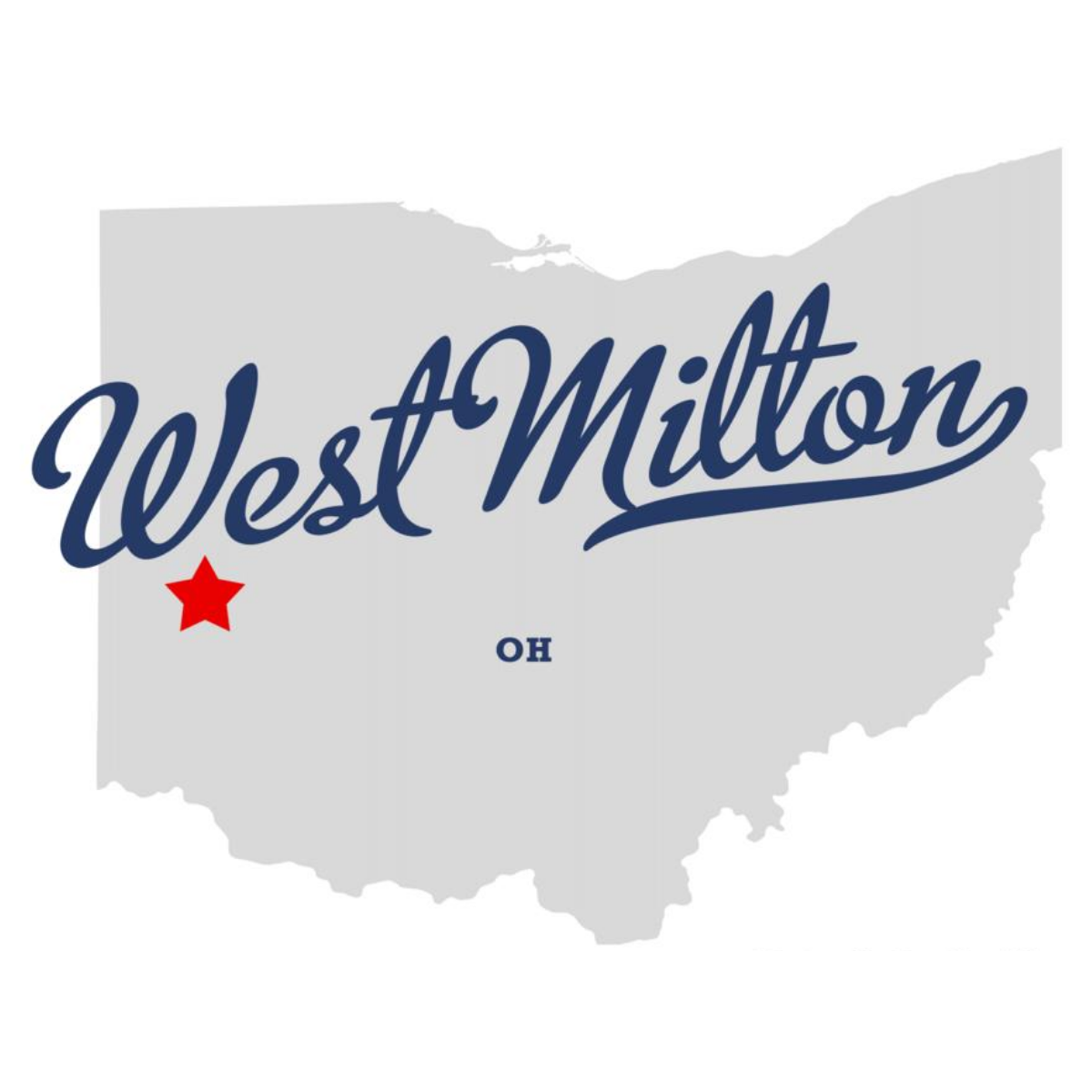 Outline of Ohio state in gray with the words 'West Milton' in blue script across it and a red star marking a location on the western side.