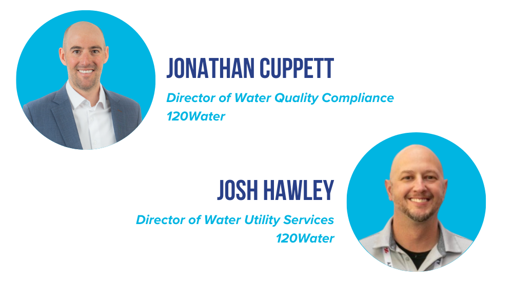 Headshots of Jonathan Cuppett, Director of Water Quality Compliance at 120Water, wearing a suit and white shirt, and Josh Hawley, Director of Water Utility Services at 120Water, wearing a light gray shirt.