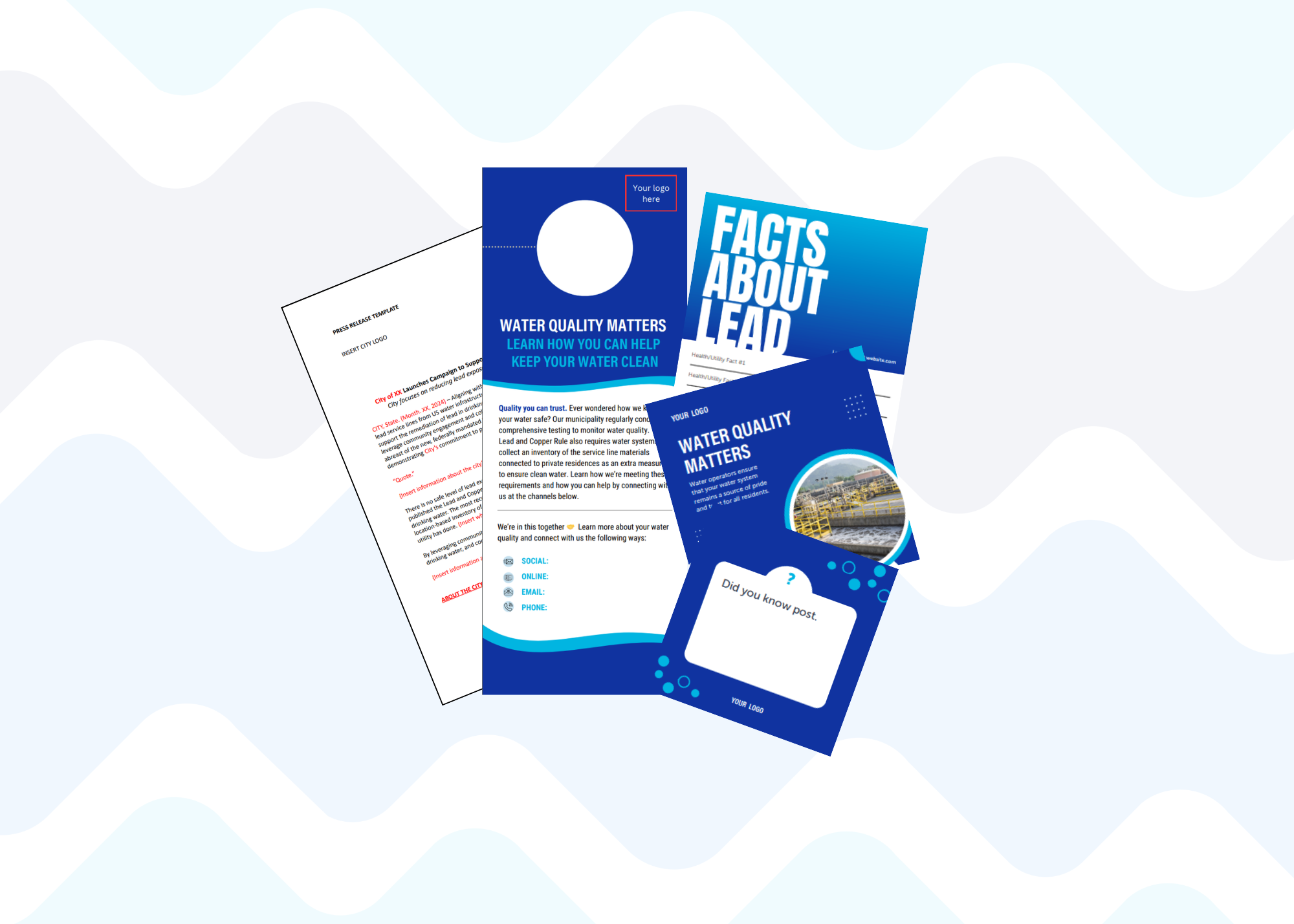 Collection of water quality informational materials including a door hanger, fact sheet about lead, flyer showing a water treatment facility, and a social media post template.