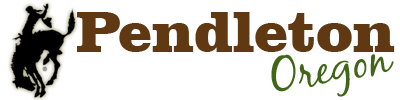 Pendleton Oregon logo featuring a brown silhouette of a cowboy on horseback and stylized text.