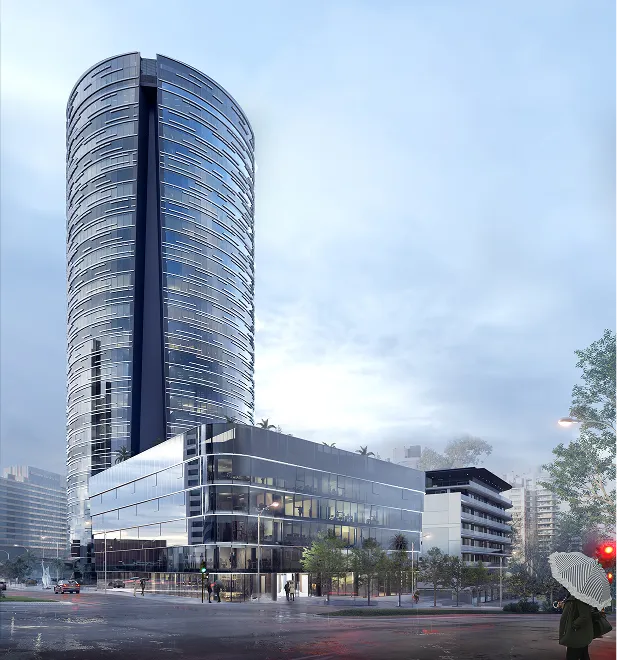 A tall building with a lot of windows on top of it.