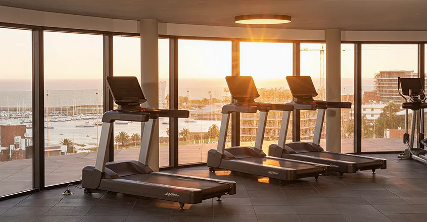 A gym with treadmills and a view of the ocean.