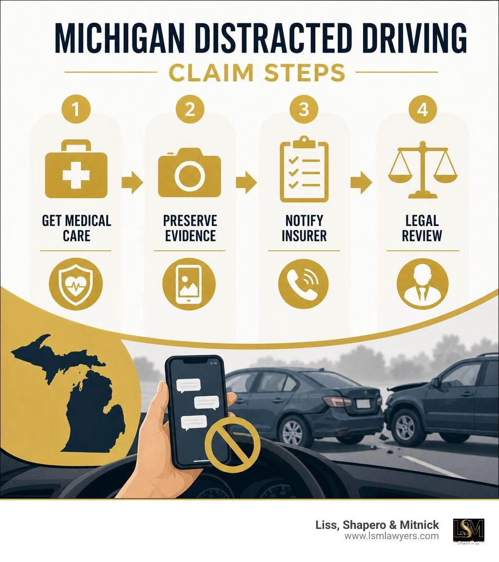 Michigan distracted driving claim steps: medical care, preserve evidence, notify insurer, legal review infographic Michigan distracted driving claim steps: medical care, preserve evidence, notify insurer, legal review infographic